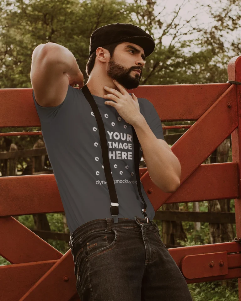Man Wearing Dark Gray T-shirt Mockup Front View Template