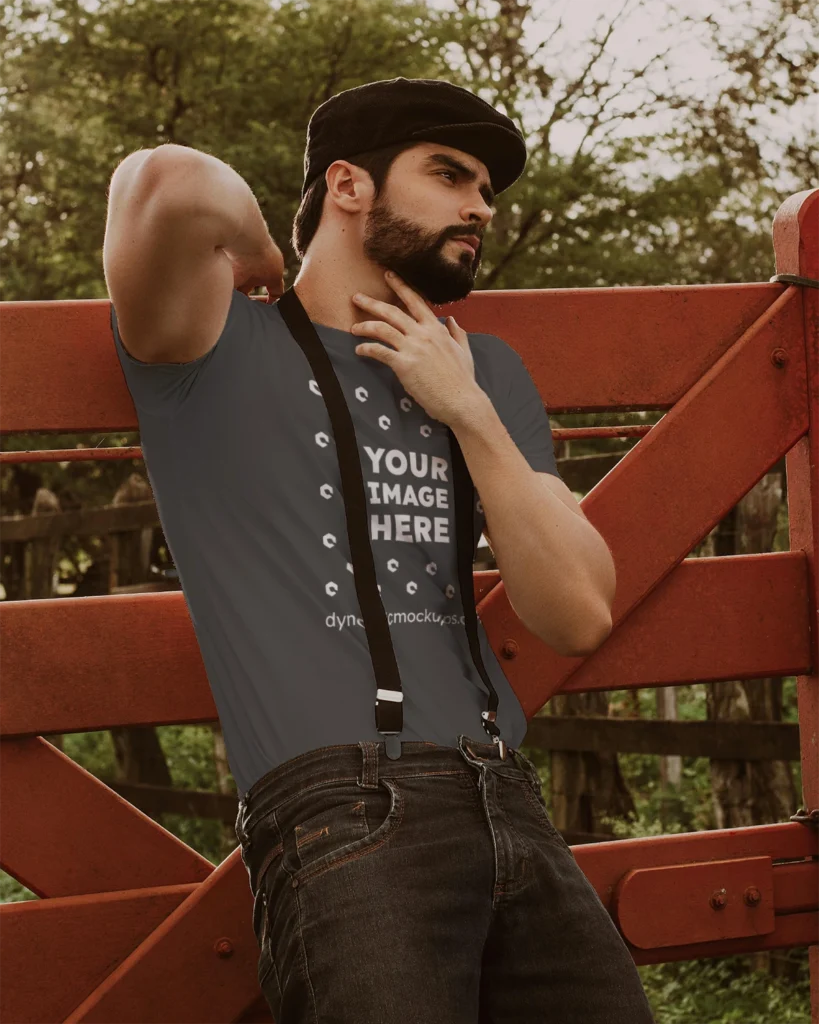 Man Wearing Dark Gray T-shirt Mockup Front View Template