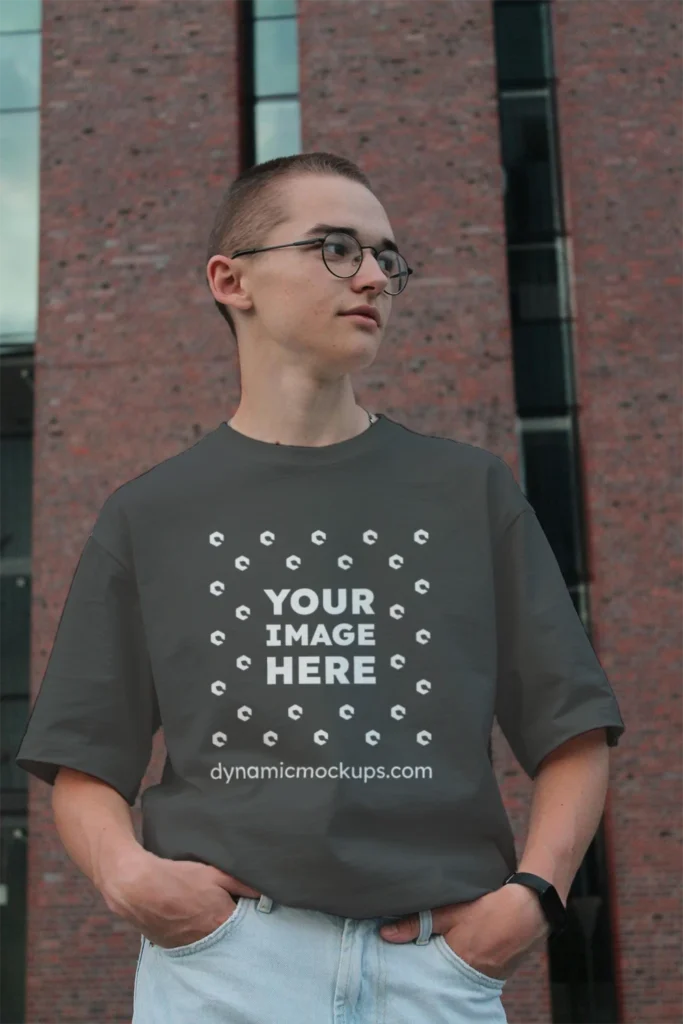 Man Wearing Dark Gray T-shirt Mockup Front View Template