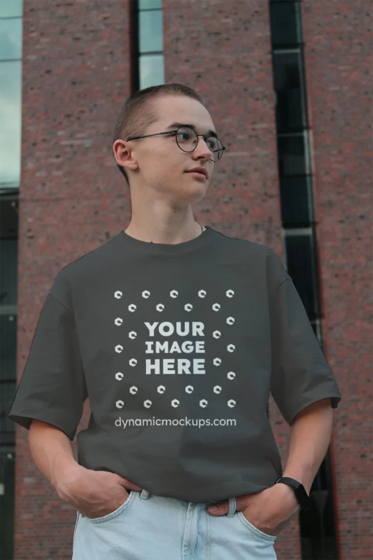 Man Wearing Dark Gray T-shirt Mockup Front View Template