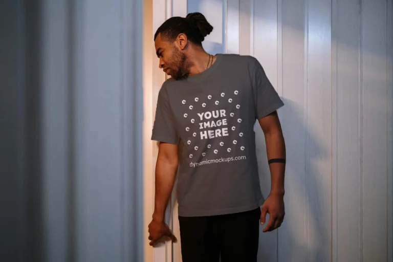 Man Wearing Dark Gray T-shirt Mockup Front View Template