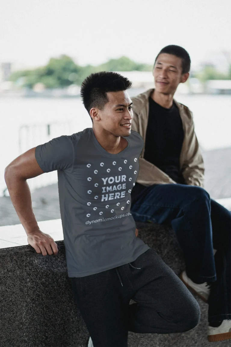 Man Wearing Dark Gray T-shirt Mockup Front View Template