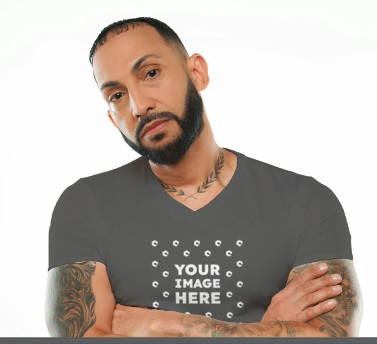 Man Wearing Dark Gray T-shirt Mockup Front View Template