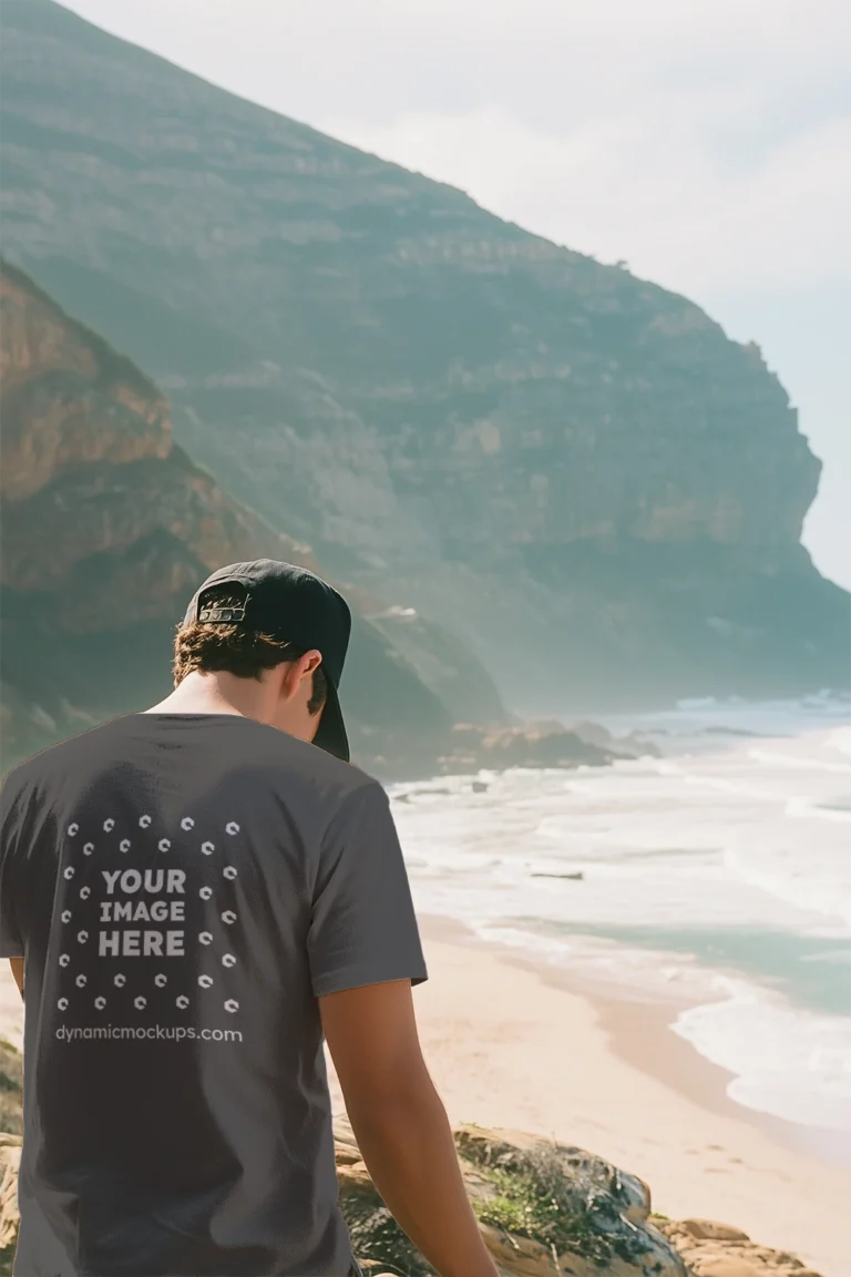 Man Wearing Dark Gray T-shirt Mockup Back View Template