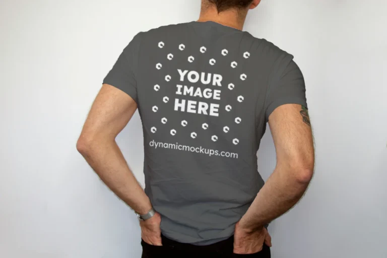 Man Wearing Dark Gray T-shirt Mockup Back View Template