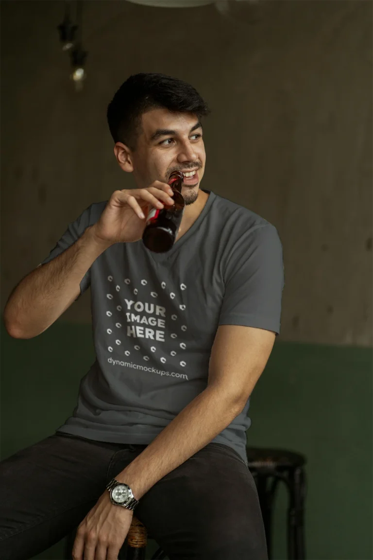 Man Wearing Dark Gray T-shirt Mockup Front View Template