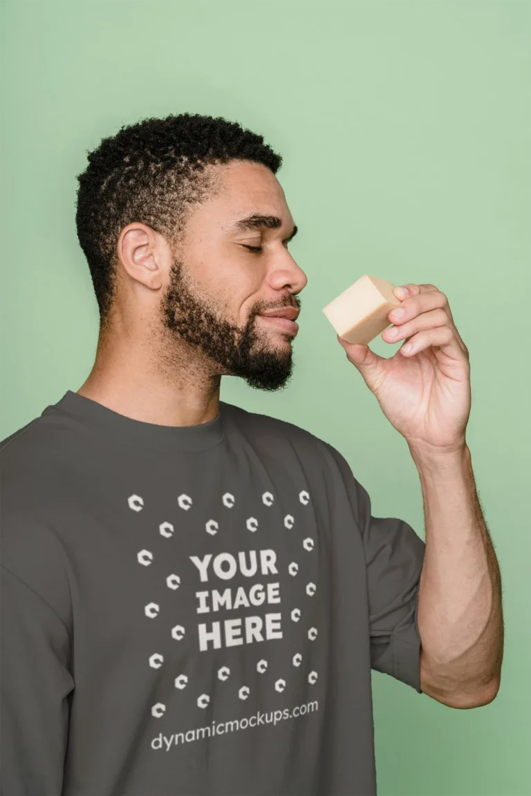 Man Wearing Dark Gray T-shirt Mockup Front View Template