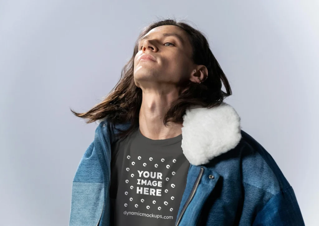 Man Wearing Dark Gray T-shirt Mockup Front View Template