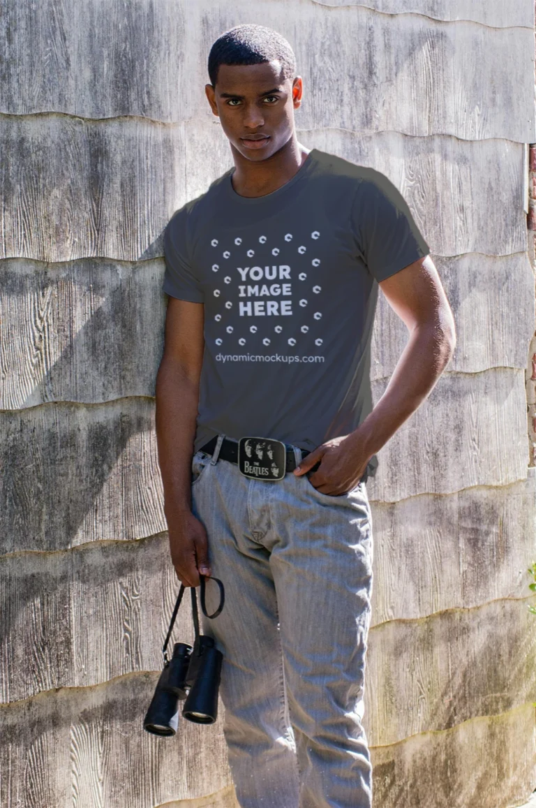 Man Wearing Dark Gray T-shirt Mockup Front View Template