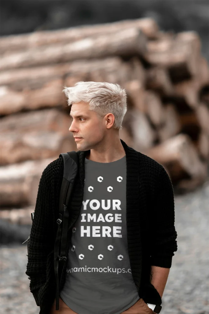 Man Wearing Dark Gray T-shirt Mockup Front View Template