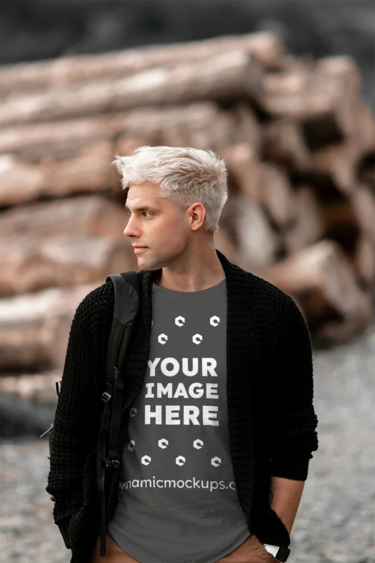 Man Wearing Dark Gray T-shirt Mockup Front View Template