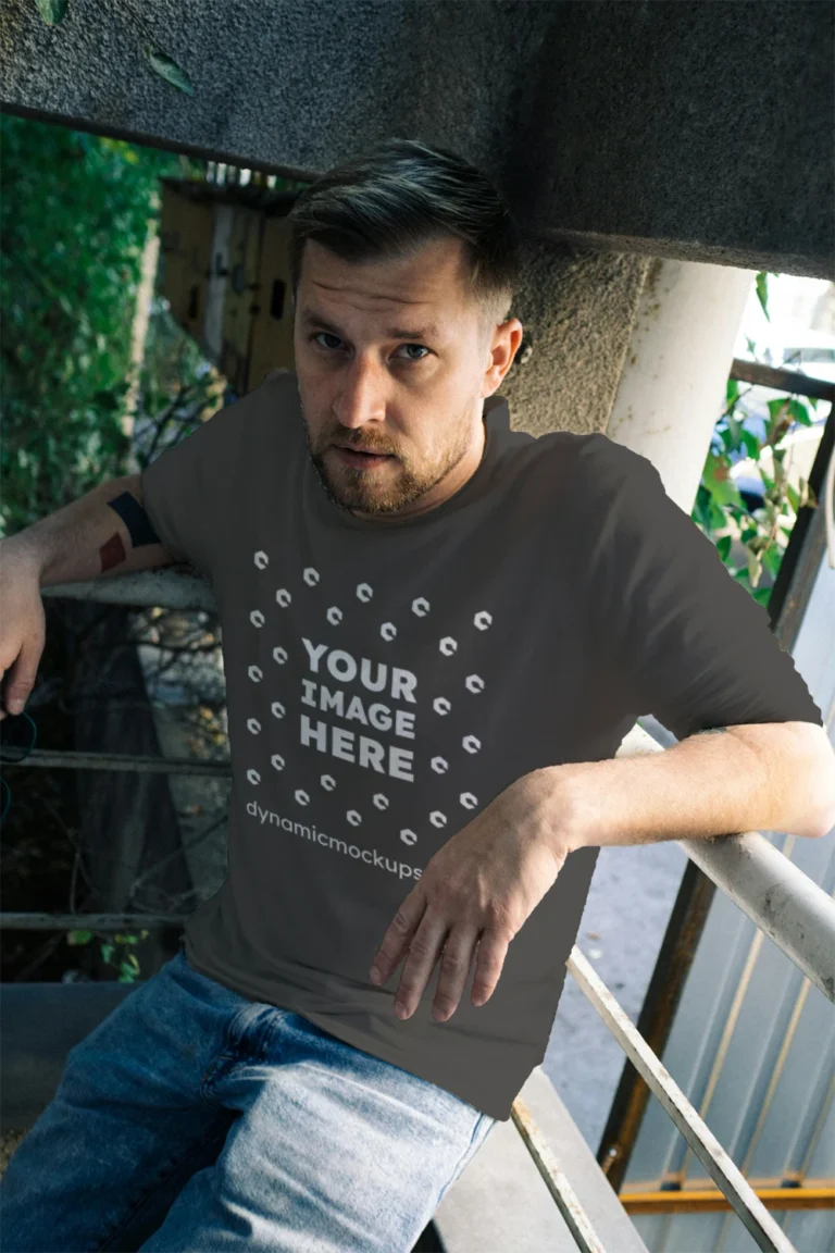 Man Wearing Dark Gray T-shirt Mockup Front View Template