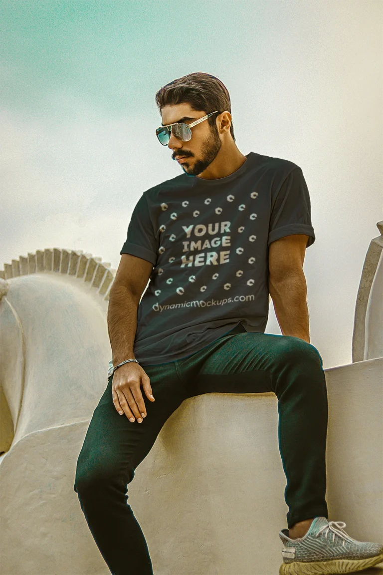 Man Wearing Dark Gray T-shirt Mockup Front View Template