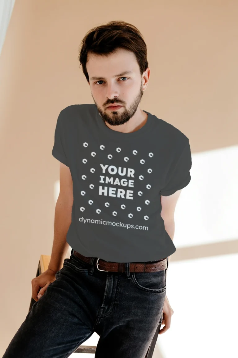 Man Wearing Dark Gray T-shirt Mockup Front View Template
