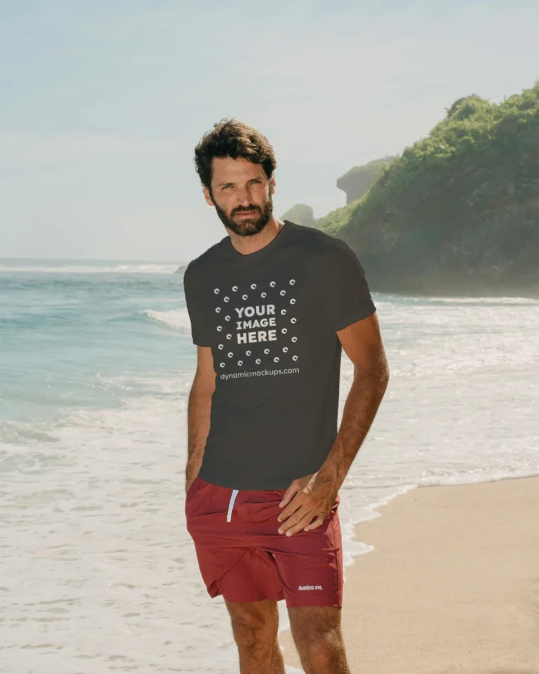 Man Wearing Dark Gray T-shirt Mockup Front View Template