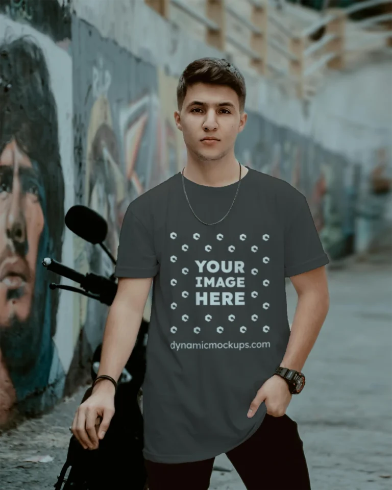 Man Wearing Dark Gray T-shirt Mockup Front View Template