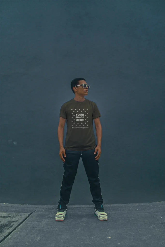 Man Wearing Dark Gray T-shirt Mockup Front View Template