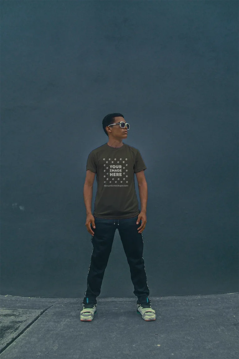 Man Wearing Dark Gray T-shirt Mockup Front View Template