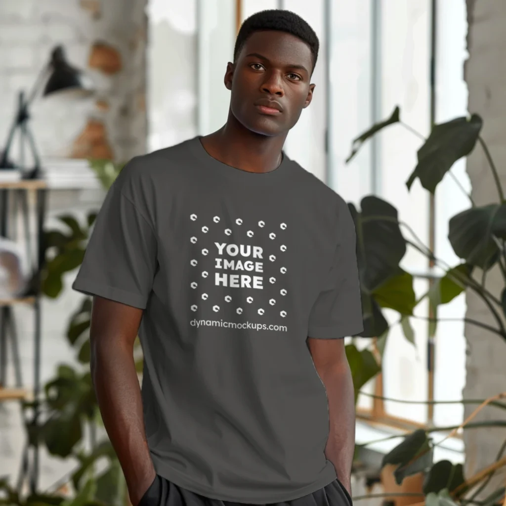 Man Wearing Dark Gray T-shirt Mockup Front View Template