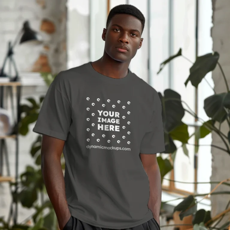 Man Wearing Dark Gray T-shirt Mockup Front View Template