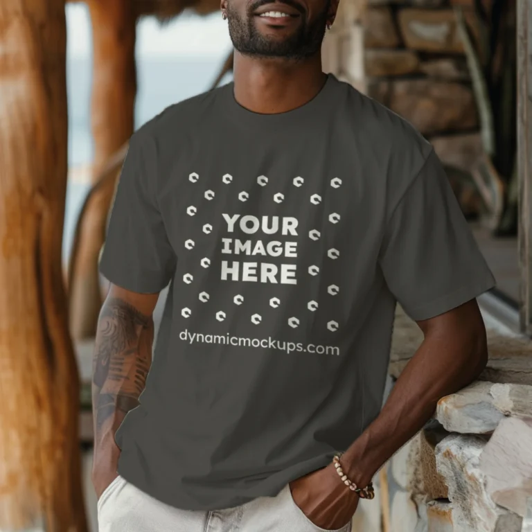 Man Wearing Dark Gray T-shirt Mockup Front View Template