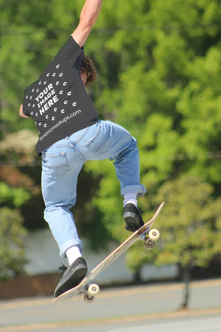 Man Wearing Dark Gray T-shirt Mockup Back View Template