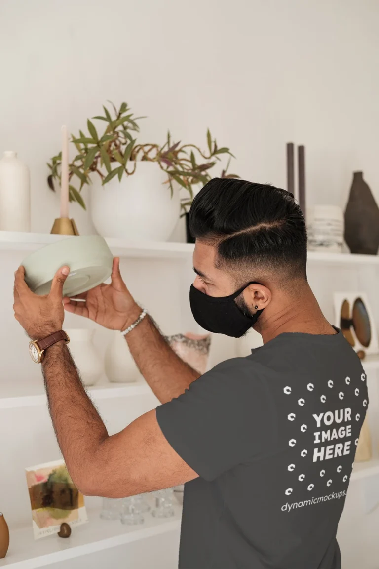 Man Wearing Dark Gray T-shirt Mockup Back View Template