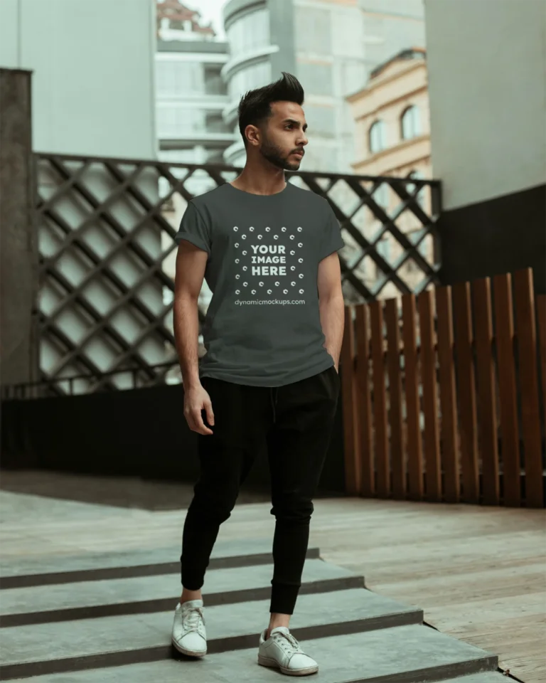 Man Wearing Dark Gray T-shirt Mockup Front View Template