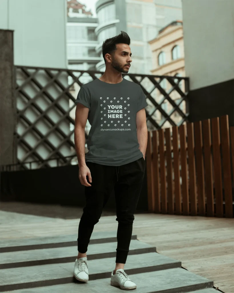 Man Wearing Dark Gray T-shirt Mockup Front View Template