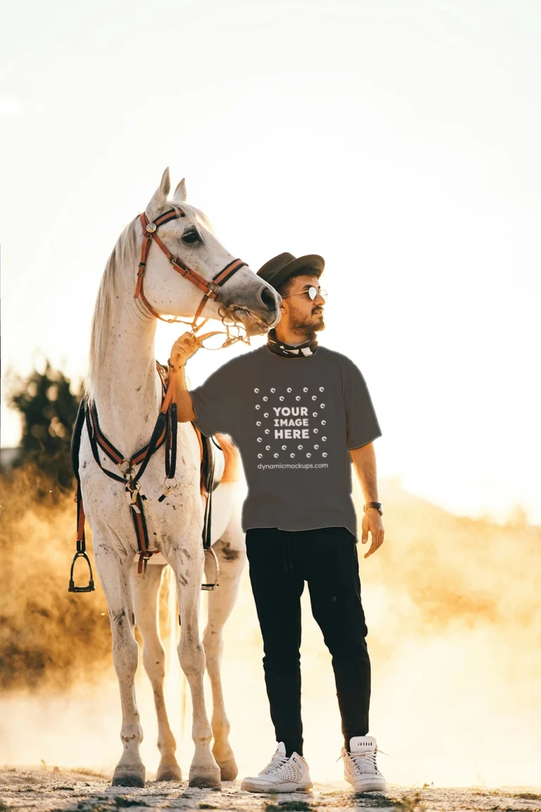 Man Wearing Dark Gray T-shirt Mockup Front View Template