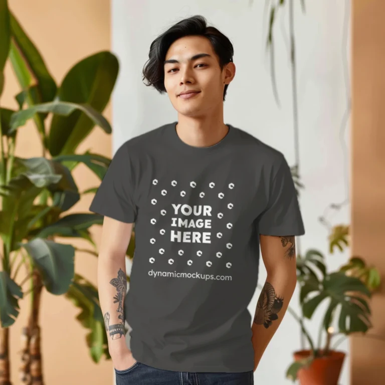 Man Wearing Dark Gray T-shirt Mockup Front View Template