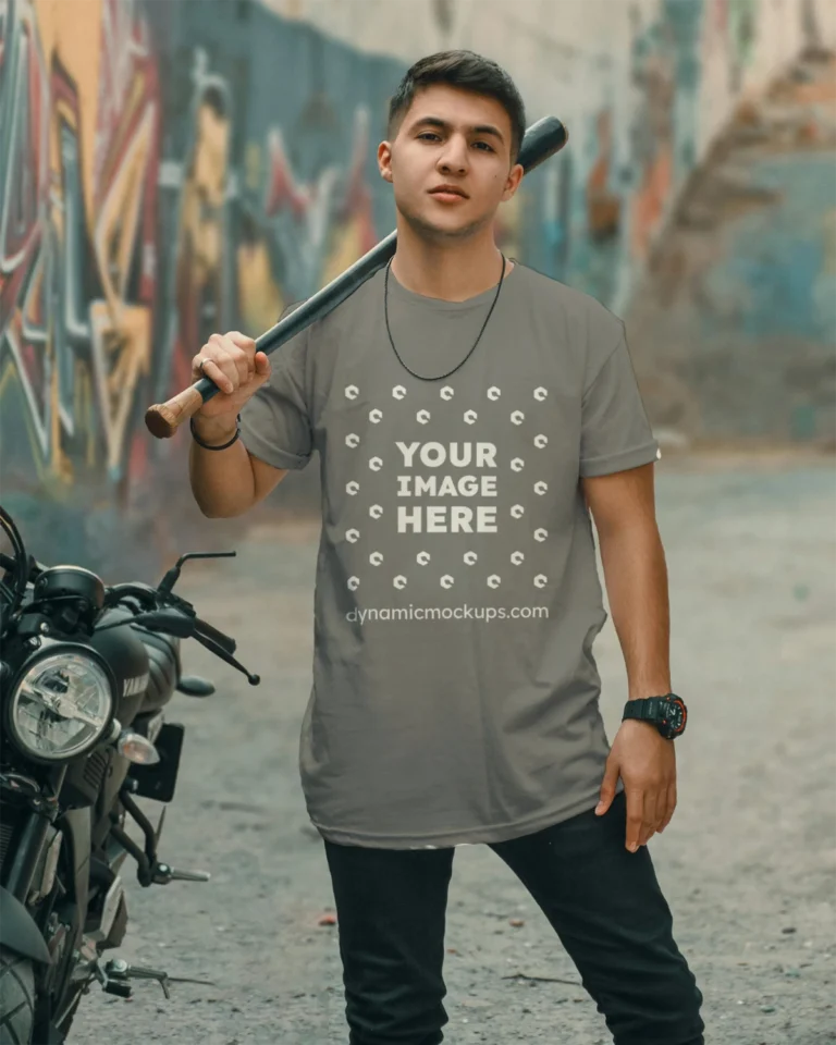Man Wearing Gray T-shirt Mockup Front View Template