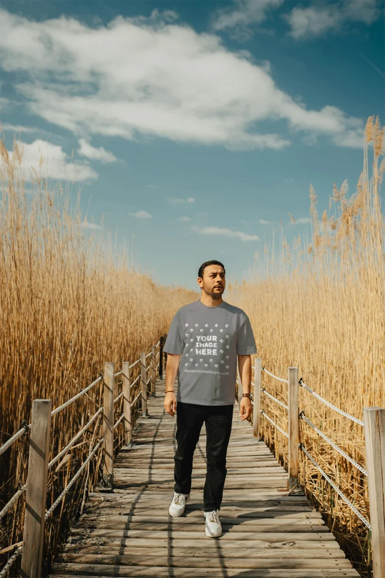 Man Wearing Gray T-shirt Mockup Front View Template