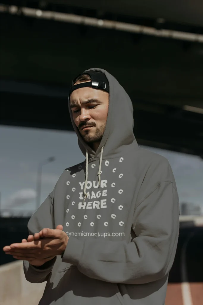 Man Wearing Gray Hoodie Mockup Front View Template