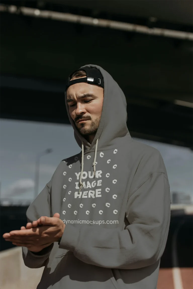 Man Wearing Gray Hoodie Mockup Front View Template