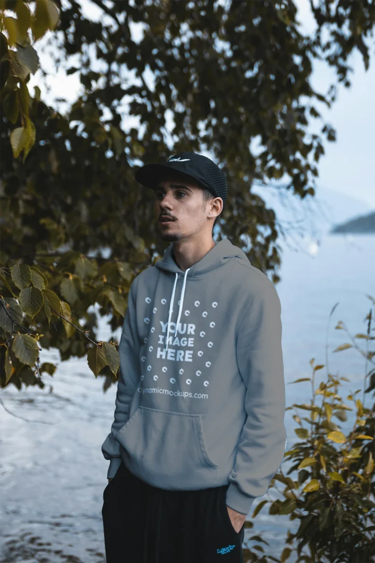 Man Wearing Gray Hoodie Mockup Front View Template