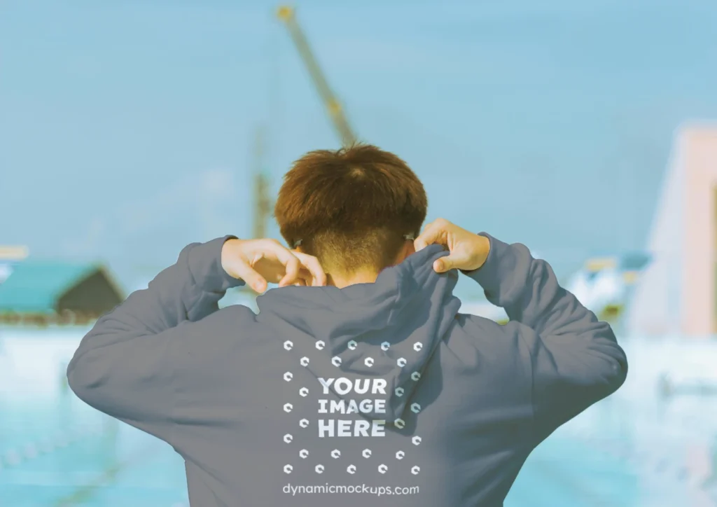 Man Wearing Gray Hoodie Mockup Back View Template