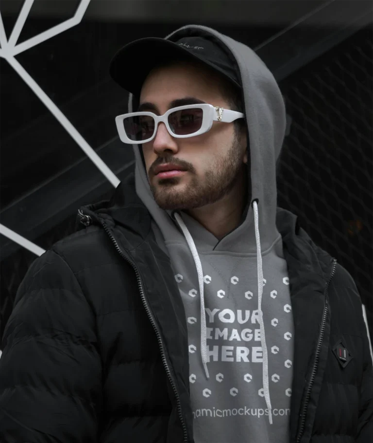 Man Wearing Gray Hoodie Mockup Front View Template