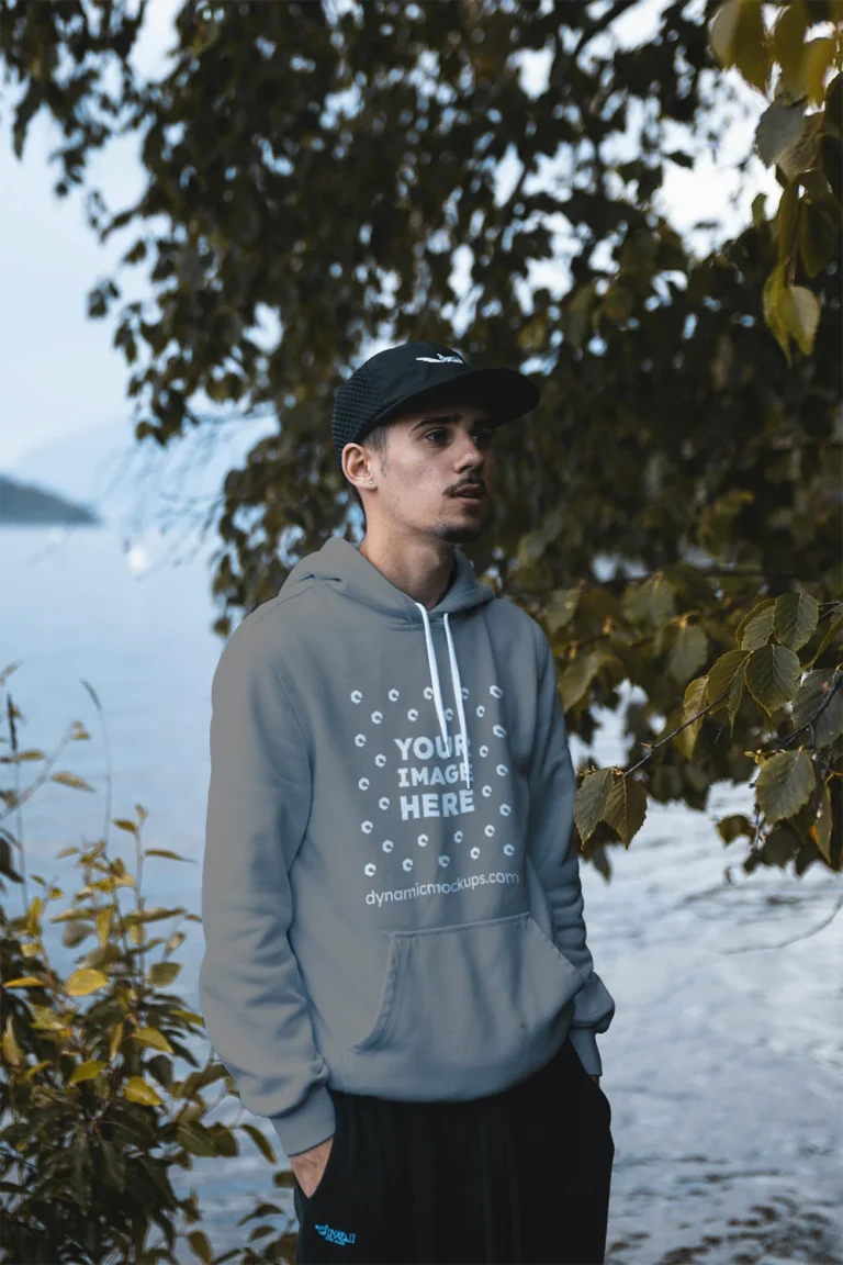 Man Wearing Gray Hoodie Mockup Front View Template