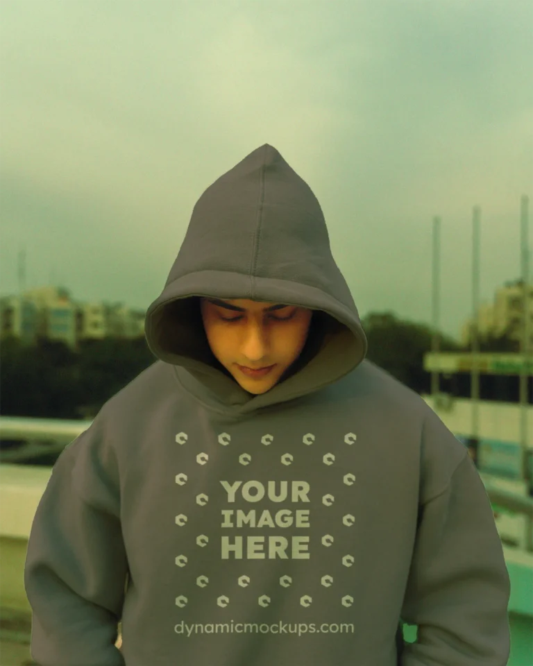 Man Wearing Gray Hoodie Mockup Front View Template
