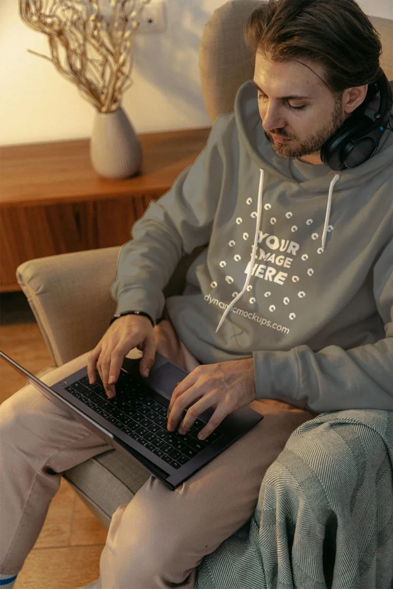 Man Wearing Gray Hoodie Mockup Front View Template
