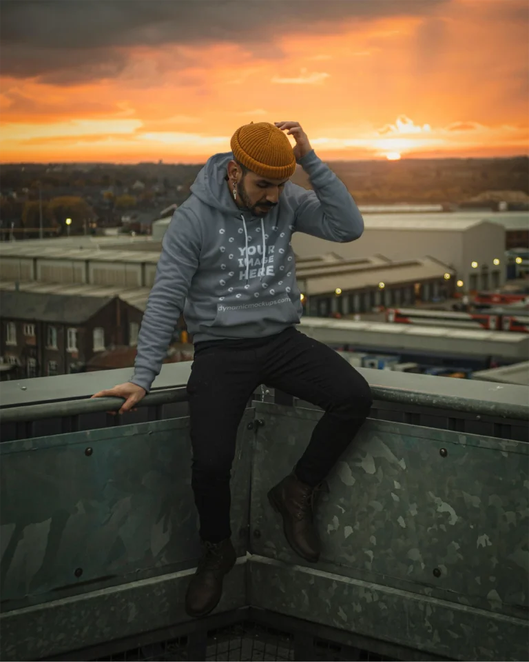 Man Wearing Gray Hoodie Mockup Front View Template