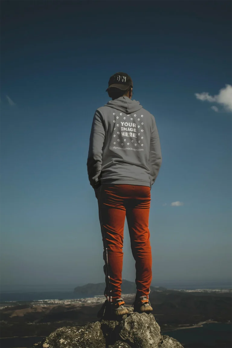 Man Wearing Gray Hoodie Mockup Back View Template