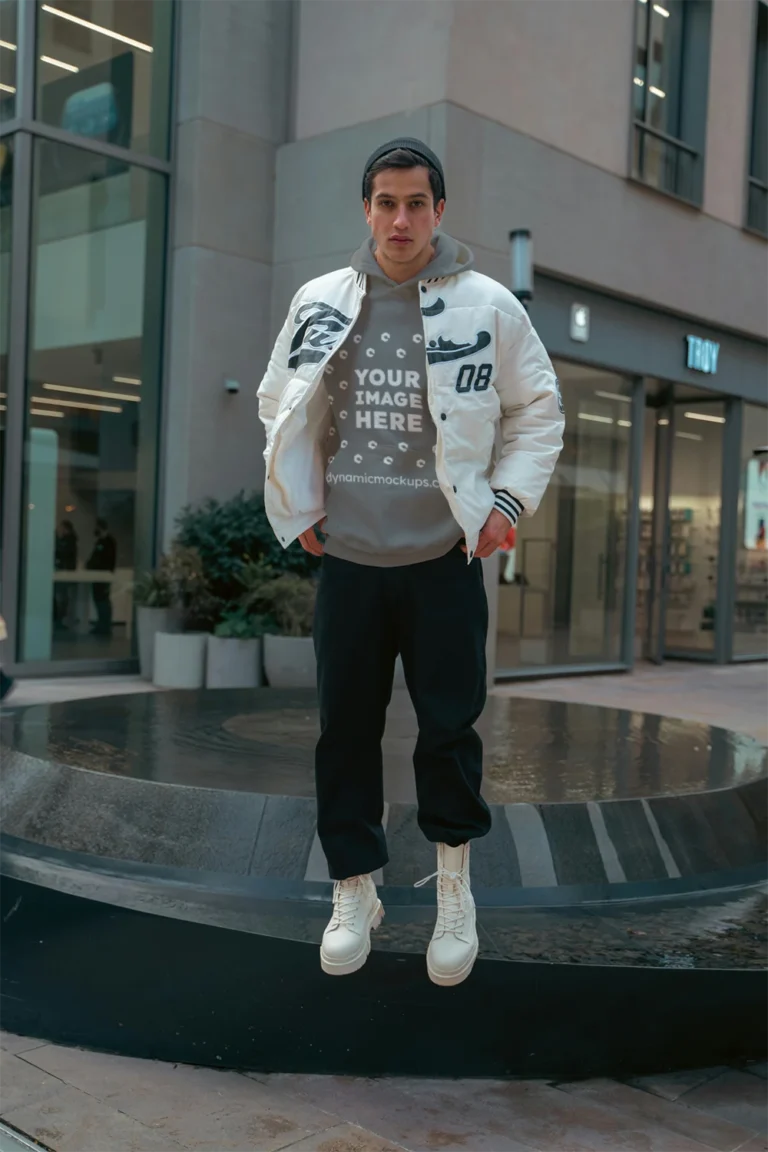 Man Wearing Gray Hoodie Mockup Front View Template
