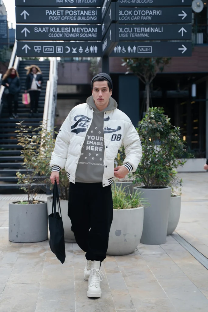 Man Wearing Gray Hoodie Mockup Front View Template