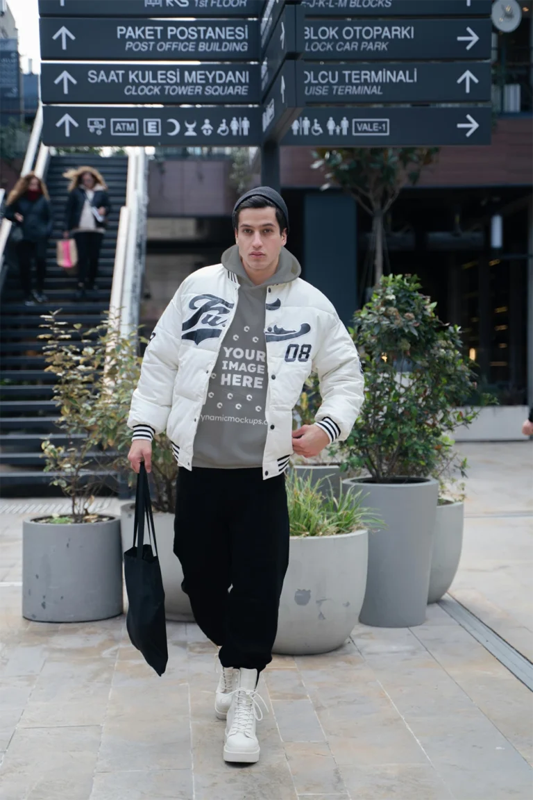Man Wearing Gray Hoodie Mockup Front View Template