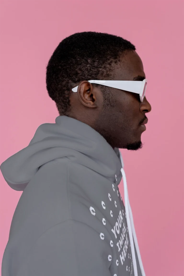 Man Wearing Gray Hoodie Mockup Side View Template