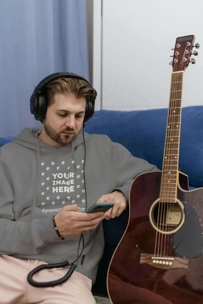 Man Wearing Gray Hoodie Mockup Front View Template
