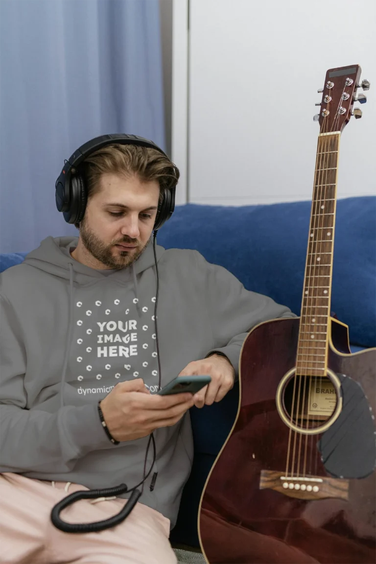Man Wearing Gray Hoodie Mockup Front View Template