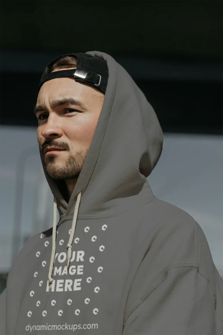 Man Wearing Gray Hoodie Mockup Front View Template